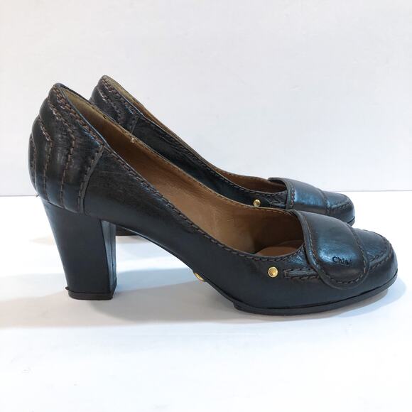 Chloe Brown Leather Round Toe Pumps - Picture 3 of 11